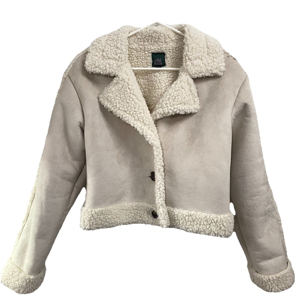 Wild Fable Juniors Women's Faux Suede Ivory Crop Jacket Button-up Sherpa Sz. S